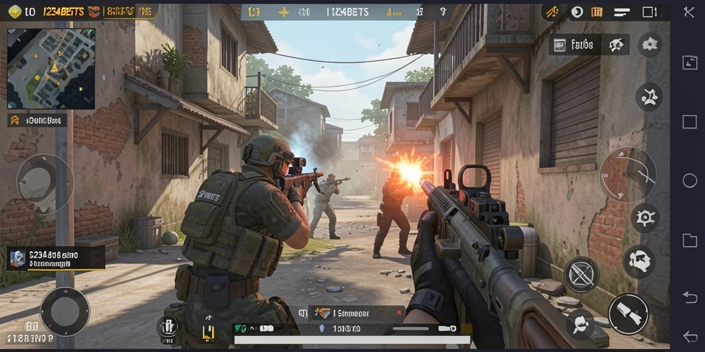 Screenshot gameplay <strong>1234BETS</strong> menunjukkan aksi tembak-menembak yang intens.
