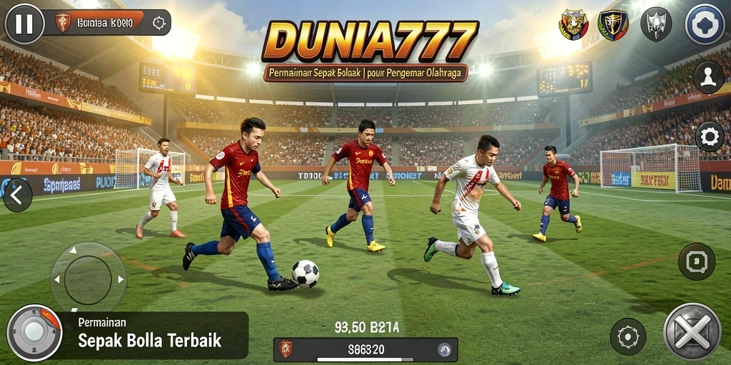 Tangkapan layar gameplay DUNIA777 menunjukkan aksi mendebarkan di lapangan sepak bola.