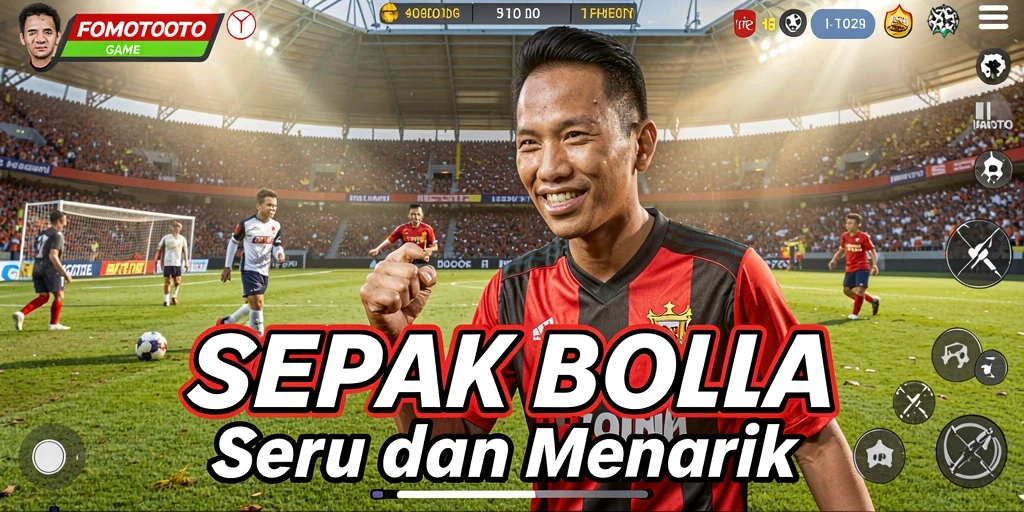 Tampilan gameplay FOMOTOTO yang intens di lapangan sepak bola.
