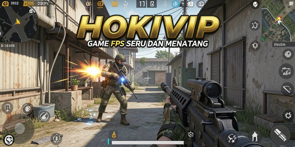 Screenshot HOKIVIP menampilkan aksi pertempuran intens dalam game FPS.