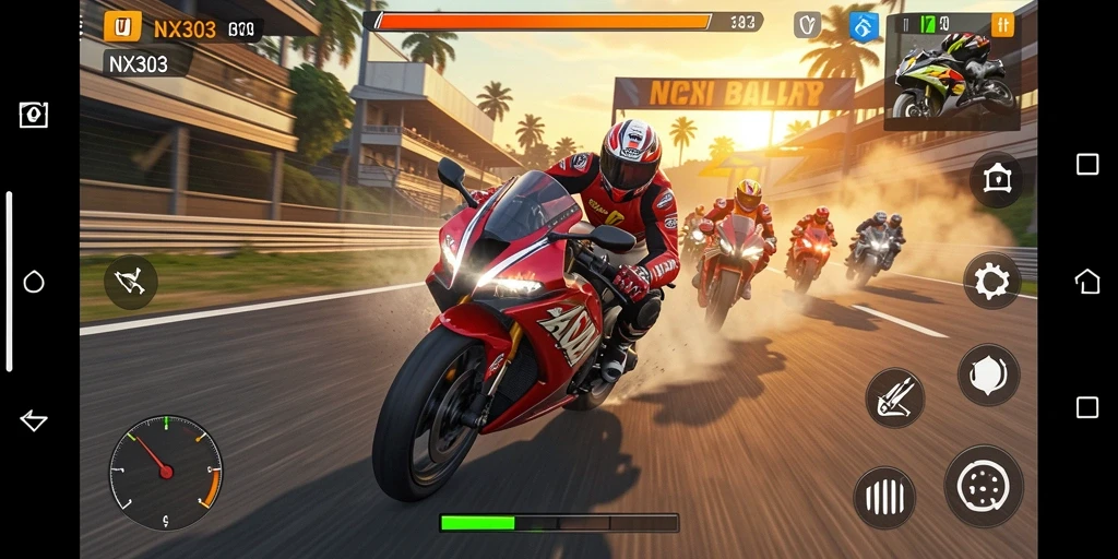 Screenshot dari gameplay NX303 yang menampilkan aksi balap motor.