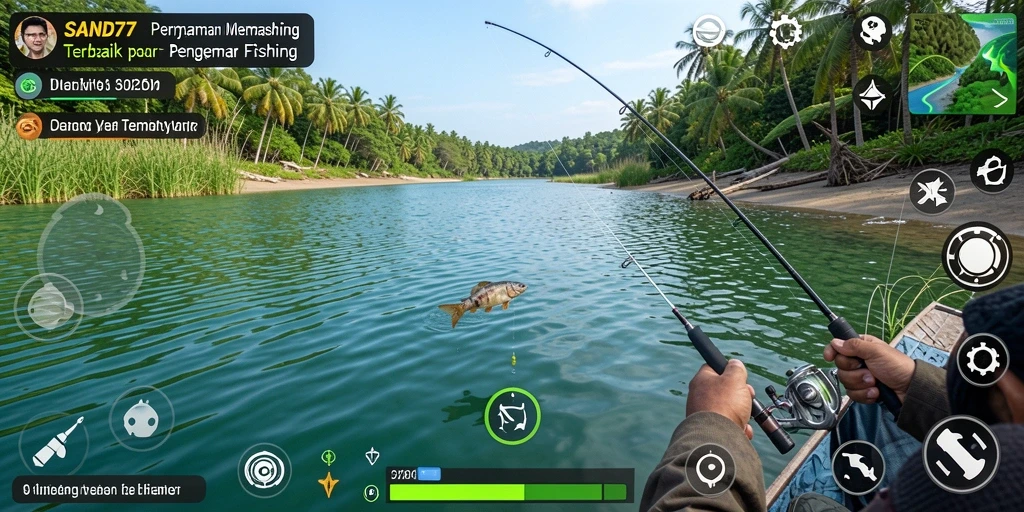 Tampilan gameplay SAND77 yang menampilkan aktivitas memancing yang seru.