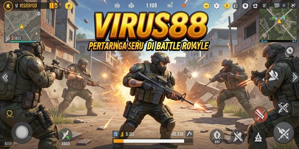 Screenshot VIRUS88 menampilkan aksi seru dalam pertarungan Battle Royale.
